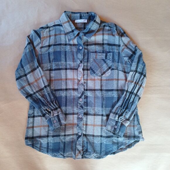 Keren Hart Tops - Keren Hart Flannel Button Up Shirt Long Sleeve Plaid 100% Cotton Gray L Country